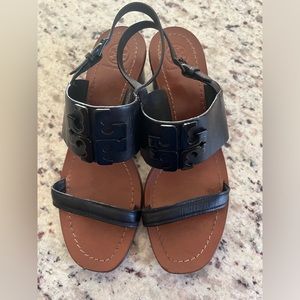 Tory Burch Size 8.5 Leather Slingback Sandals Tonal Logo Flats Solid Black